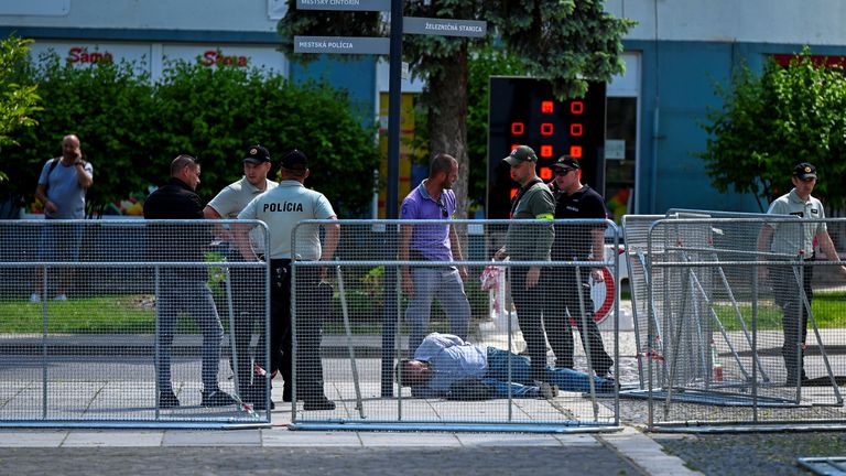 pic: Reuters
A person is detained after shooting incident of Slovak PM Robert Fico, after a Slovak government meeting in Handlova, Slovakia, May 15, 2024. REUTERS/Radovan Stoklasa