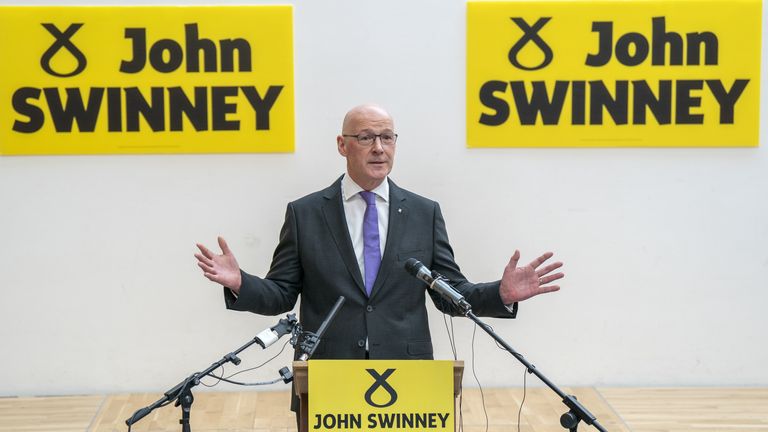 Former deputy first minister of Scotland John Swinney speaks during a press conference to announce standing for the SNP leadership at the Grassmarket Community Project in Edinburgh. Picture date: Thursday May 2, 2024.