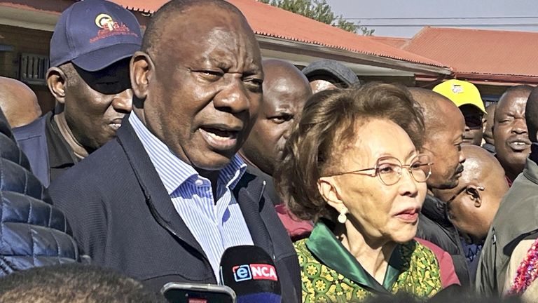 President of South Africa Cyril Ramaphosa visits a polling place to vote for South African general election near Johannesburg, South Africa on May 29, 2024.( The Yomiuri Shimbun via AP Images )