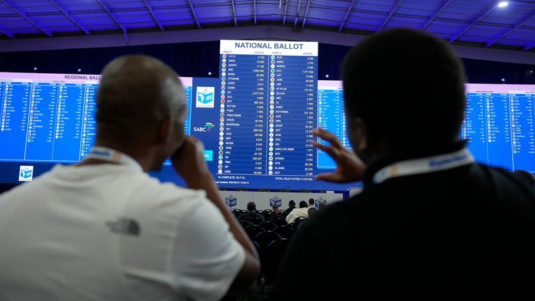 Observers look on as election results are displayed at the Results Operation Centre (ROC) in Midrand, Johannesburg, South Africa, Friday May 31, 2024. Pic:AP 