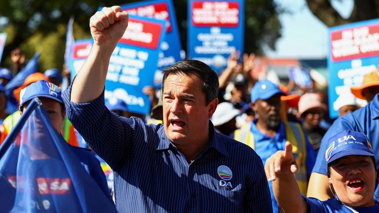  South African opposition leader, John Steenhuisen of the Democratic Alliance (DA) gestures during a march against crime in Riverlea, ahead of the general elections in Johannesburg, South Africa, May 16, 2024. Pic: Reuters
