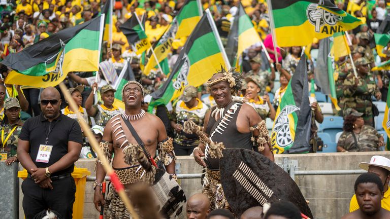 Zulu warriors and African National Congress supporters gather at a stadium for the party's national manifesto launch in February. Pic: AP