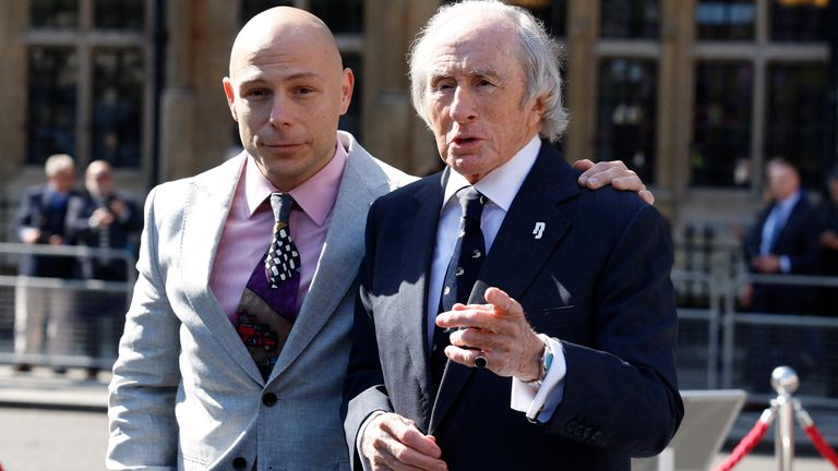 Stirling Moss&#39; son, Elliot Moss and former F1 driver Jackie Stewart ahead of the service.
Pic Reuters