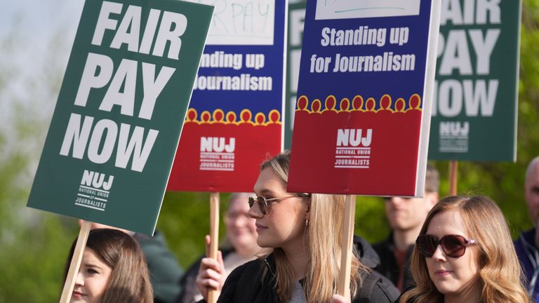 Members of the National Union of Journalists (NUJ) who work at STV take part in a picket outside their studios in Glasgow, after rejecting the company&#39;s latest pay offer. The strike coincides with the STV annual general meeting, and action will disrupt news programming, with the flagship STV News At Six due to be replaced by Sean&#39;s Scotland, and network programme Peston due to be aired in place of Scotland Tonight. Picture date: Wednesday May 1, 2024.