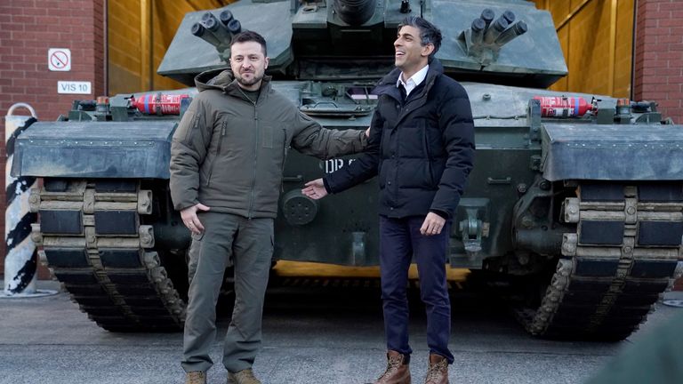 Prime Minister Rishi Sunak, right, with Ukrainian President Volodymyr Zelenskyy at a UK military facility in Dorset in February last year. Pic: Reuters 