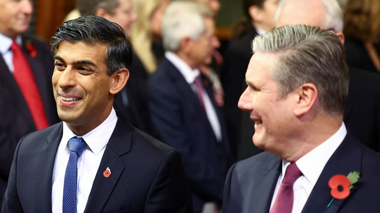 Rishi Sunak and Sir Keir Starmer react on the day of the State Opening of Parliament in November 2023. Pic: AP 