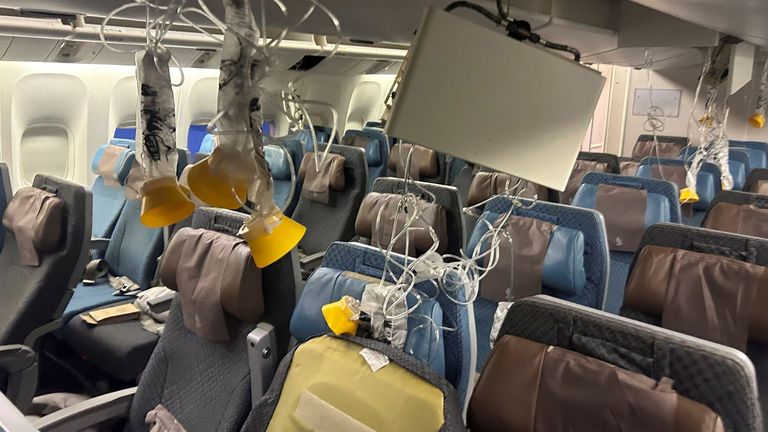 The interior of Singapore Airline flight SG321 is pictured after an emergency landing at Bangkok's Suvarnabhumi International Airport.
Pic: Reuters