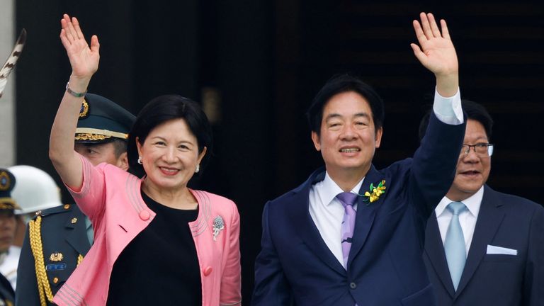 Taiwan's new president, Lai Ching-te, and his wife, Wu Mei-ju, wave during the inauguration ceremony.  Photo: Reuters
