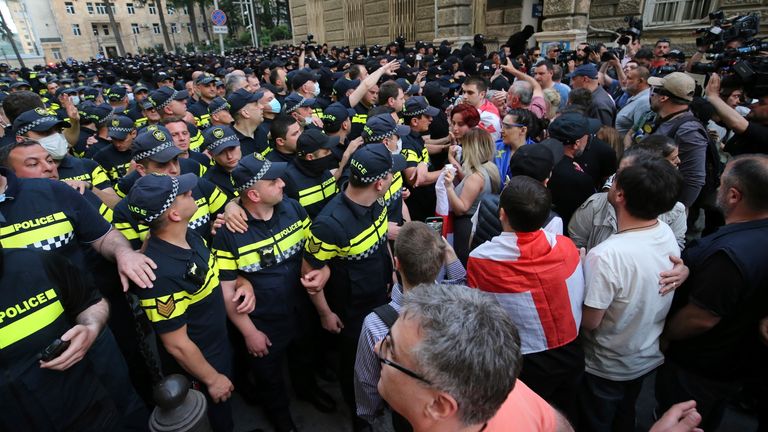 Police face demonstrators during an opposition protest against "the Russian law" near the Parliament building in Tbilisi, Georgia, on Wednesday, May 1, 2024. Pic: AP
