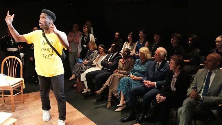 The King and Queen saw a performance by students, alongside RADA president and actor David Harewood in the front row. Pic: PA