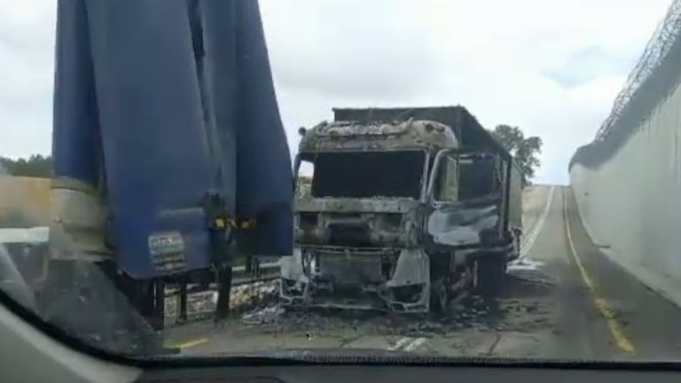 Burnt truck after being targeted by Israeli protesters