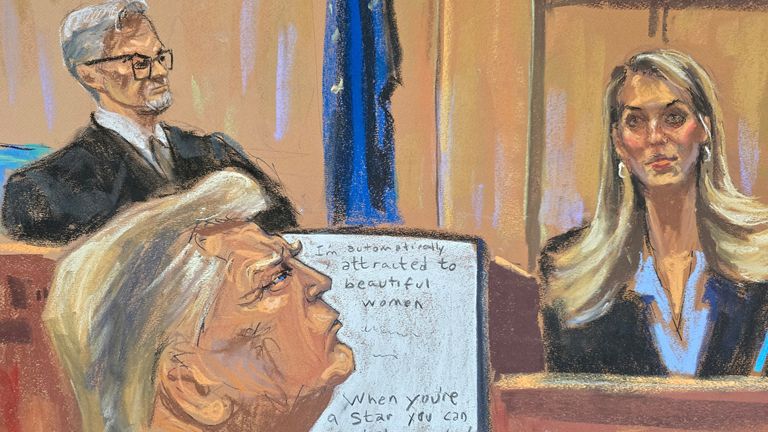 Hope Hicks, former advisor to former US President Donald Trump, testifies during Trump's criminal trial before Judge Juan Merchan on charges that she falsified business records to hide money paid to silence porn star Stormy Daniels in 2016, in Manhattan state courthouse in New York City, USA, May 3, 2024 in this sketch of the courthouse.  REUTERS/Jane Rosenberg