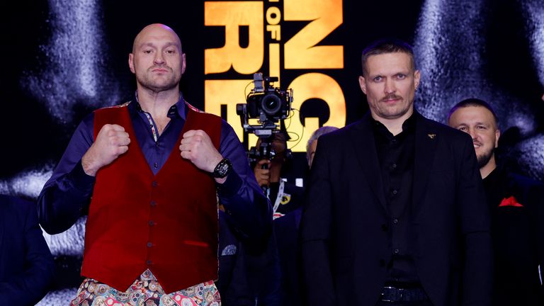Boxing - Tyson Fury v Oleksandr Usyk - Press Conference - HERE at Outernet, London, Britain - November 16, 2023 Oleksandr Usyk and Tyson Fury during the press conference Action Images via Reuters/Andrew Couldridge