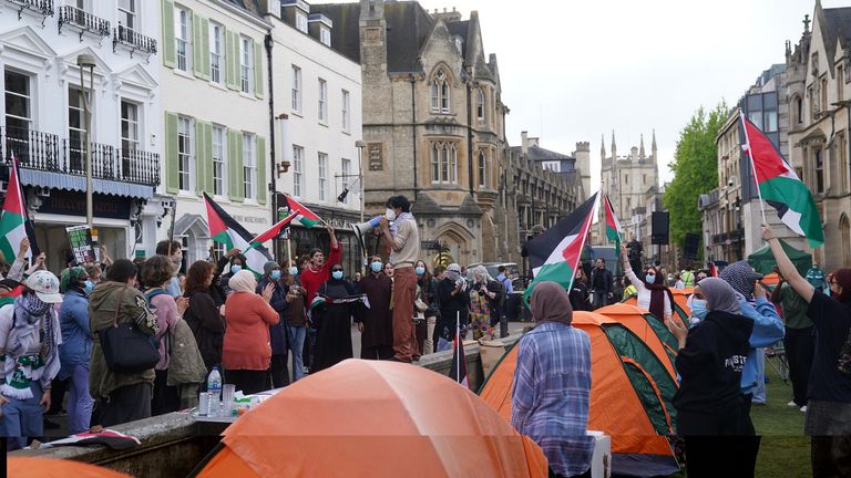 Students at an encampment on the grounds of Cambridge University.
Pic: PA