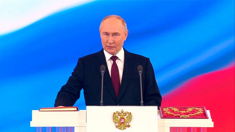 Pic: Kremlin.ru/Reuters
Russian President Vladimir Putin takes the oath during an inauguration ceremony at the Kremlin in Moscow, Russia May 7, 2024, in this still image taken from live broadcast video. Kremlin.ru/Handout via REUTERS ATTENTION EDITORS - THIS IMAGE WAS PROVIDED BY A THIRD PARTY. MANDATORY CREDIT.