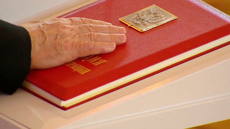 Pic: Kremlin.ru/Reuters

Russian President Vladimir Putin places his hand on the Constitution as he takes the oath during an inauguration ceremony at the Kremlin in Moscow, Russia May 7, 2024, in this still image taken from live broadcast video. Kremlin.ru/Handout via REUTERS ATTENTION EDITORS - THIS IMAGE WAS PROVIDED BY A THIRD PARTY. MANDATORY CREDIT.