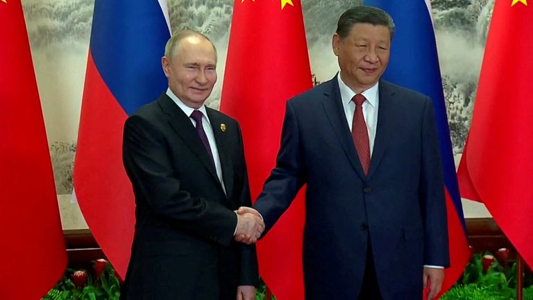 Russian President Vladimir Putin and Chinese President Xi Jinping meet in Beijing, China. Pic: Kremlin.ru/Handout via Reuters