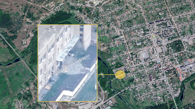 Geotagged images of Russian troops in front of Vovchansk hospital.  Source: Telegram and Google Earth