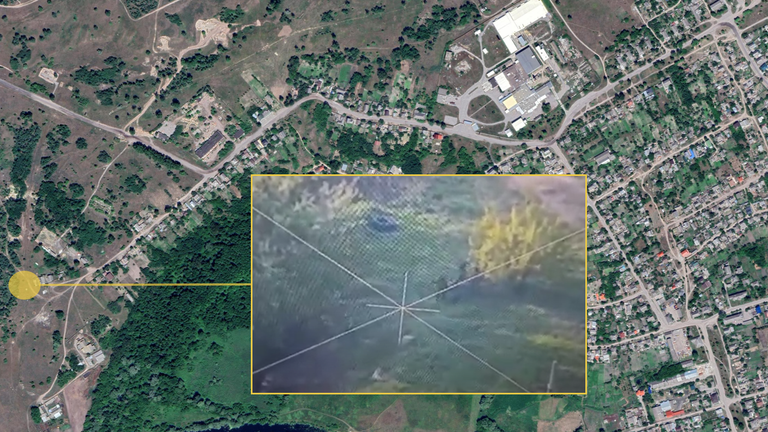 Geolocated footage shows Russian troops targeted by Ukrainian drone on outskirts of Vovchansk. Source: Sky News and Google 