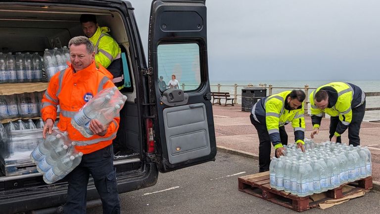 Bottled water stations as Hastings and St Leonards face a lack of water due to a burst pipe. Pic: Southern Water
