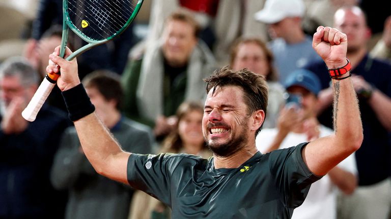 Stan Wawrinka celebrating his first round victory against Andy Murray.  Photo: Reuters 