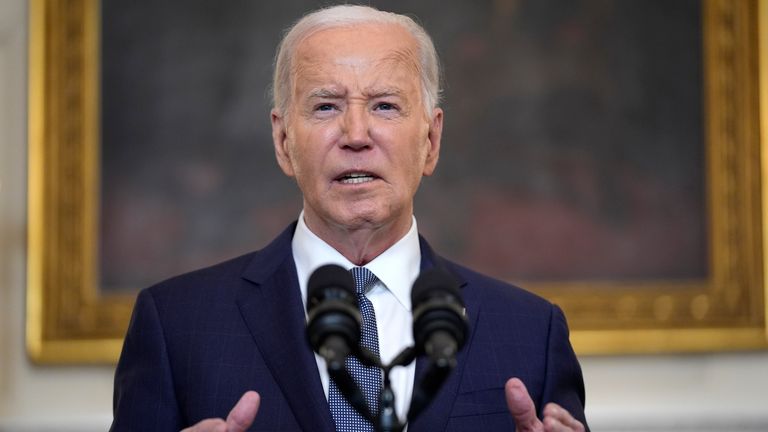 President Joe Biden delivers remarks on the verdict in former President Donald Trump's hush money trial and on the Middle East, from the State Dining Room of the White House, Friday, May 31, 2024, in Washington. (AP Photo/Evan Vucci)