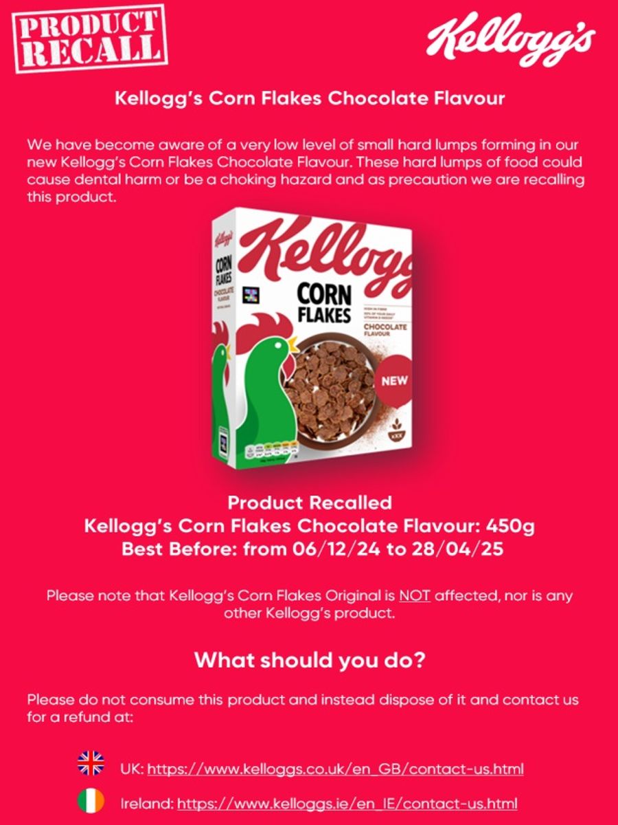 Kellogg's recalls chocolate Corn Flakes over potential 'choking hazard ...