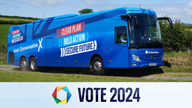 The Conservative Party battle bus arrives at a farm in Devon, while on the General Election campaign trail. Picture date: Tuesday June 18, 2024.

