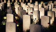 Headstones lit up during the Commonwealth War Graves Commission's Great Vigil to mark the 80th anniversary of D-Day, at the Bayeux War Cemetery in Normandy, France.