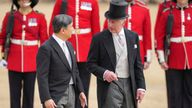 Japan's Emperor Naruhito and Britain's King Charles talk during the ceremonial welcome for the start of the State Visit. Pic: Reuters