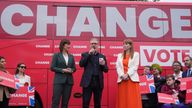 Shadow chancellor Rachel Reeves, Labour Party leader Sir Keir Starmer and deputy Labour leader Angela Rayner (L-R) unveil Labour's campaign bus. Pic: PA