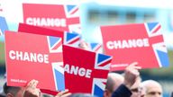 Labour Party activists hold placards during a Labour general election campaign event at Priestfield Stadium, the home of Gillingham football club in Gillingham, southeast Britain, May 23, 2024. REUTERS/Toby Melville