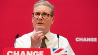 Keir Starmer speaks on stage at the launch of The Labour party's 2024 general election manifesto.
Pic: AP 