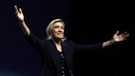 Marine Le Pen on stage in Henin-Beaumont after polls closed on Sunday. Pic: Reuters