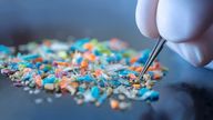 Macro shot of a person with medical gloves and tweezers inspecting a pile of micro plastics. Concept of water pollution and global warming. Macro shot of micro plastics. Cool blue filter applied.