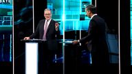Rishi Sunak and Keir Starmer during the ITV General Election debate at MediaCity in Salford.
Pic: ITV/PA