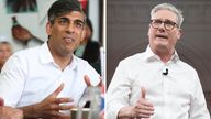 Two-way composite of Rishi Sunak and Keir Starmer at campaign events on Saturday 29 June 2024. Pics: PA