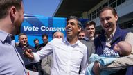 Conservative candidate for Redcar & Cleveland Jacob Young (left) and Prime Minister Rishi Sunak (centre) meet Jack Symon and his son George at the launch of the Conservative campaign bus at Redcar Racecourse in the in the North East of England while on the General Election campaign trail. Picture date: Saturday June 1, 2024.

