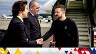 Ukrainian President Volodymyr Zelenskyy is welcomed by Deputy Head of Swiss Protocol Manuel Irman, and Ukrainian Ambassador to Switzerland Iryna Venediktova, as he arrives at Zurich airport, Switzerland June 14, 2024. Zelenskyy will attend the Summit on Peace in Ukraine conference to be held on June 15 and 16 at the Buergenstock Resort in central Switzerland. Michael Buholzer/Pool via REUTERS?