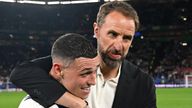 GELSENKIRCHEN, GERMANY - JUNE 16: Gareth Southgate, Head Coach of England, embraces Phil Foden of England at full-time following the team's victory in the UEFA EURO 2024 group stage match between Serbia and England at Arena AufSchalke on June 16, 2024 in Gelsenkirchen, Germany. (Photo by Michael Regan - UEFA/UEFA via Getty Images)