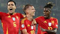 COLOGNE, GERMANY - JUNE 30: Dani Olmo of Spain celebrates scoring his team's fourth goal with teammates Mikel Merino and Nico Williams during the UEFA EURO 2024 round of 16 match between Spain and Georgia at Cologne Stadium on June 30, 2024 in Cologne, Germany. (Photo by Alex Grimm/Getty Images)