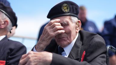 D-Day veteran John Dennett, 99, from Liverpool, gets emotional during a Spirit of Normandy Trust wreath-laying service just off the French coastline.
Pic: PA