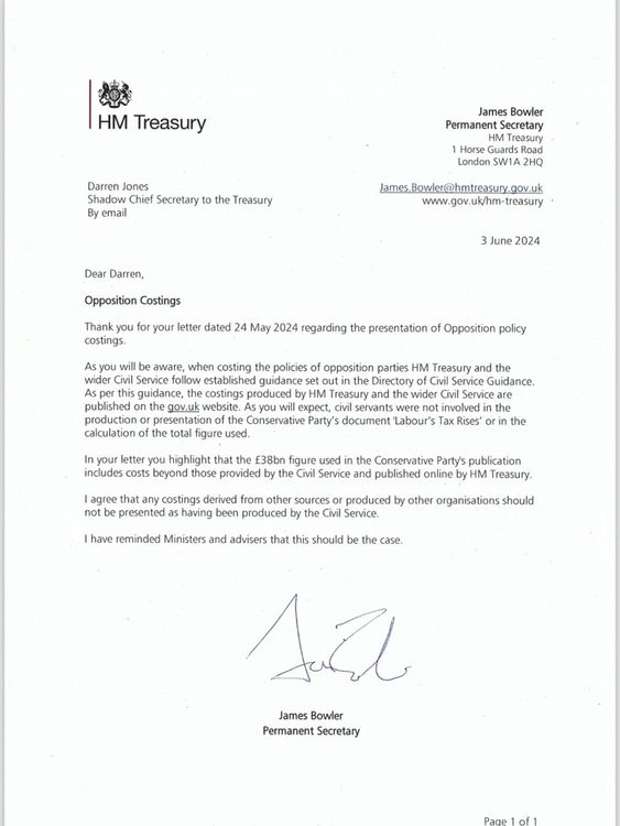 A letter from a top Treasury official casting doubt on a Tory claim that civil servants have been used to put a price on Labour's spending plans