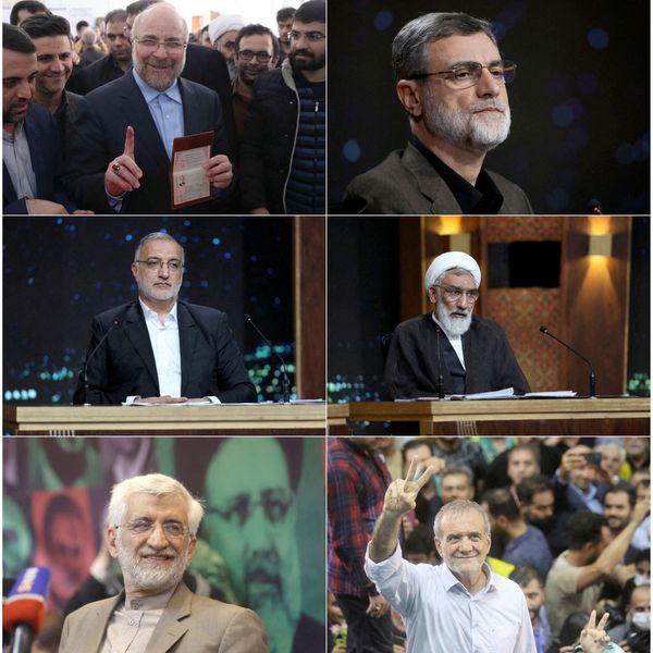 Combination picture shows Iranian presidential candidates Mohammad Baqer Qalibaf, Amir Hossein Ghazizadeh Hashemi, Alireza Zakani, Mostafa Pourmohammadi, Saeed Jalili and Masoud Pezeshkian in Tehran, Iran, February 21, 2020, June 20, 2024, June 22, 2024, June 23, 2024. Iranian Parliament website/Majid Asgaripour/Morteza Nikoubazl/Fakhri Nezhad/IRIB/WANA (West Asia News Agency)/Handout via REUTERS ATTENTION EDITORS - THIS PICTURE WAS PROVIDED BY A THIRD PARTY