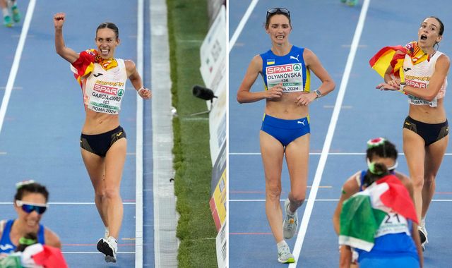 La corredora española Laura García-Caro adelanta tras celebrar su medalla de bronce antes de la meta