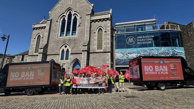 Unite members protest outside the Aberdeen Maritime Museum.  Photo: Unite