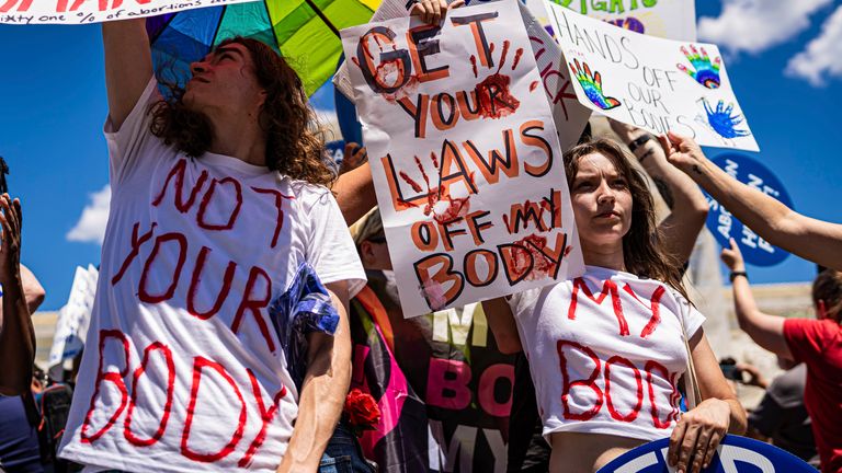 Protesters mark two years since the landmark constitutional ruling over abortion. Pic: AP