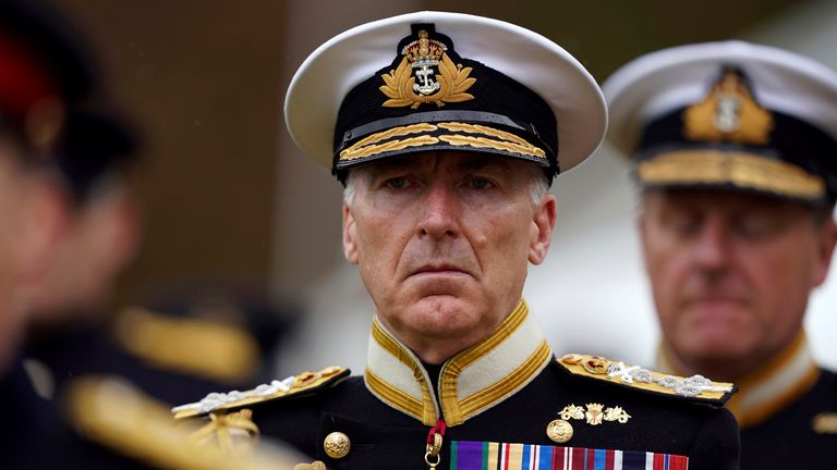 Admiral Sir Tony Radakin in the gardens of Buckingham Place , following the coronation of King Charles III and Queen Camilla, in London, Saturday, May 6, 2023. (Andrew Milligan/Pool via AP)