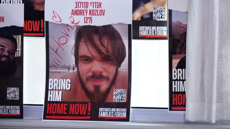 A poster of Andrey Kozlov, who was taken hostage by Hamas in the 7 October attacks against Israel