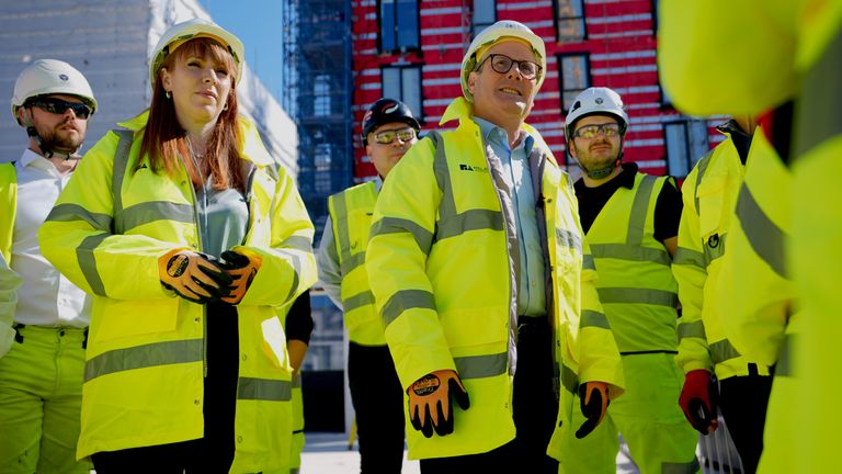 Pic: James Manning/PA
Deputy Labour Party leader Angela Rayner and Labour Party leader Sir Keir Starmer at the launch of a new Freedom to Buy scheme with London Mayor Sadiq Khan during a visit to a housing development in North West London, while on the General Election campaign trail. Picture date: Friday June 7, 2024. PA Photo. See PA story POLITICS Election Labour. Photo credit should read: James Manning/PA Wire 